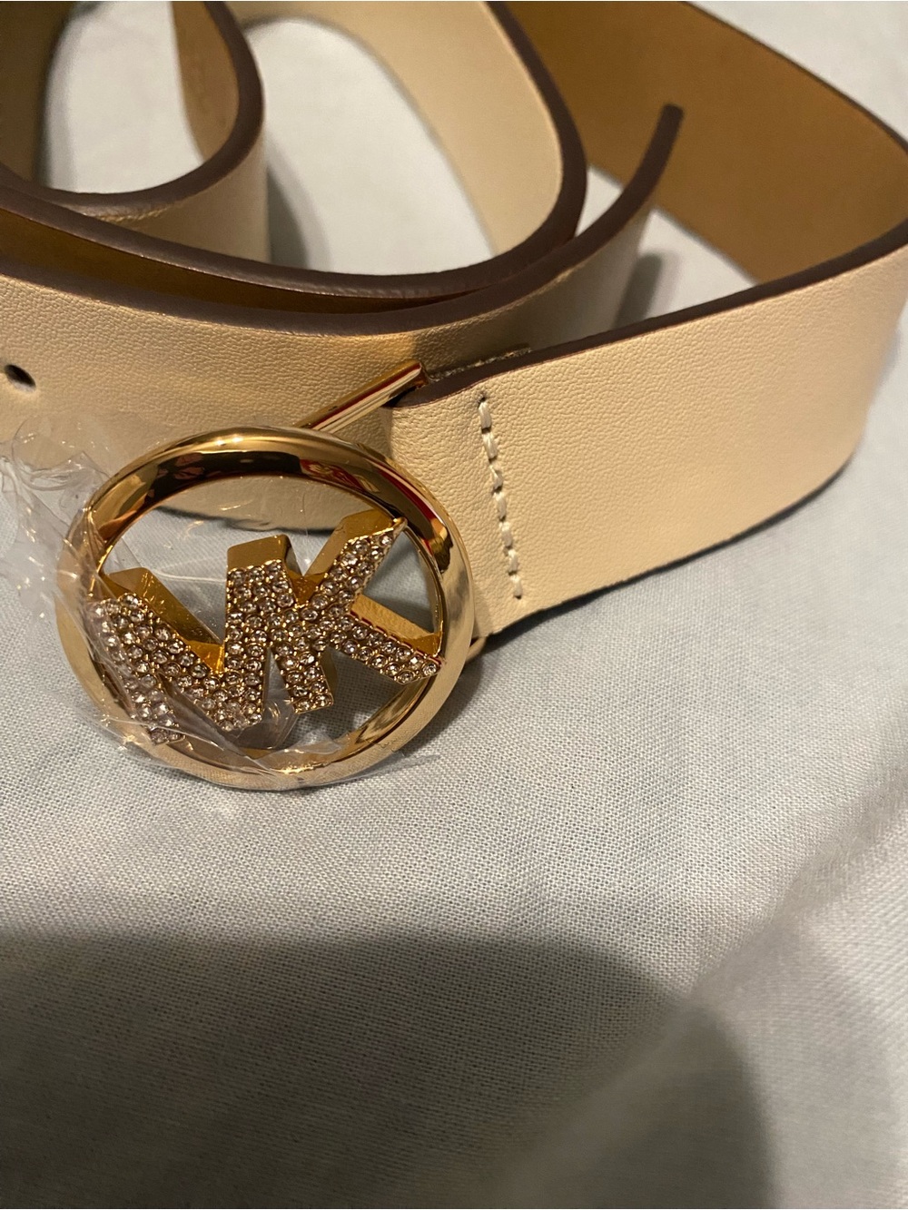 Michael Kors Collection Cream Leather Belt with Gold MK Crystal Buckle